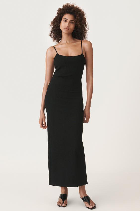 zara black midi dress Zara | Dresses | Zara Strappy Cozy Ribbed Strech Midi Dress Size Xl Color Black Nwt