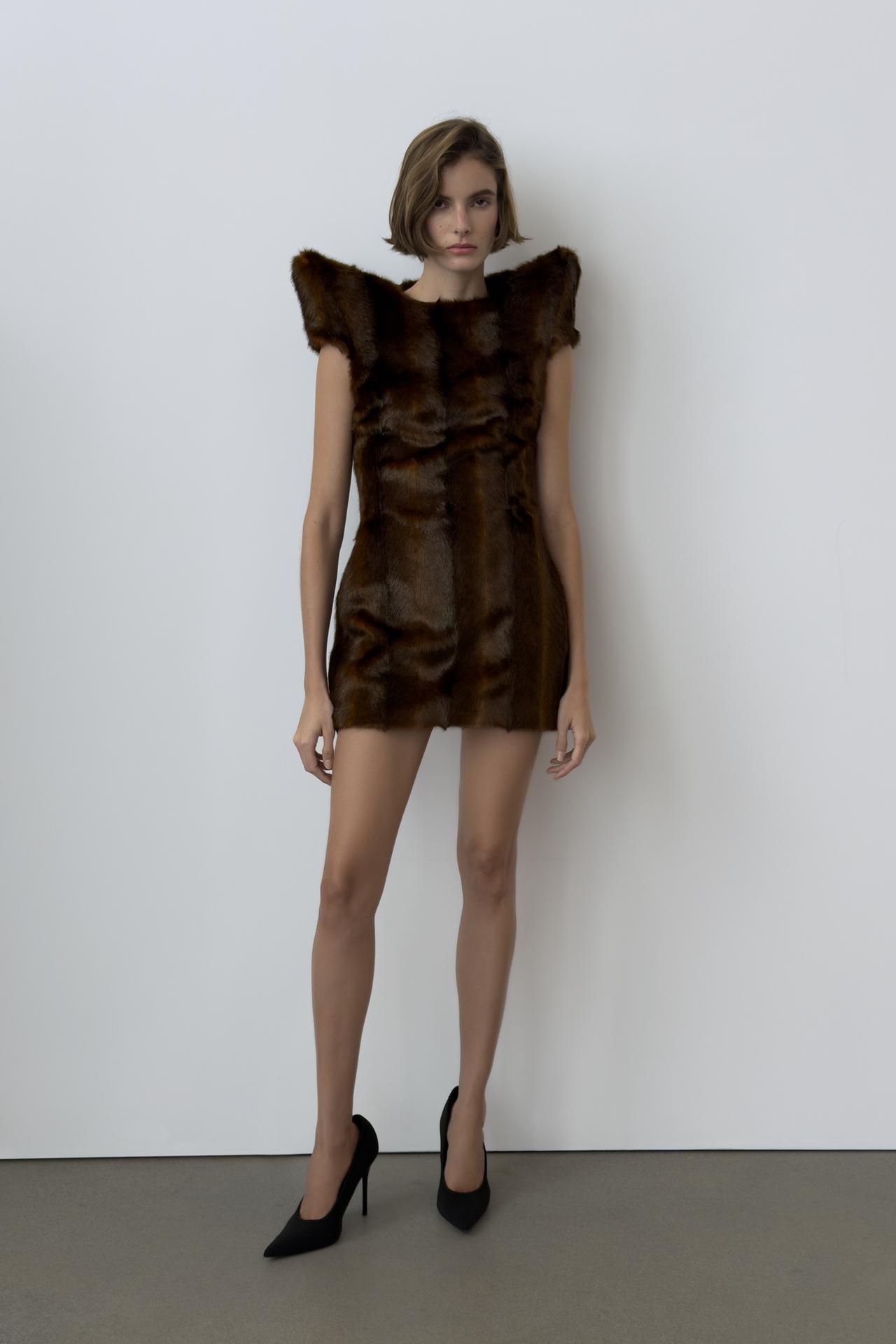CATS FAUX FUR SHOULDER PAD MINI DRESS