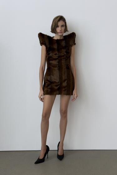 Zara CATS FAUX FUR EFFECT MINI DRESS WITH PADDED SHOULDERS - Brown
