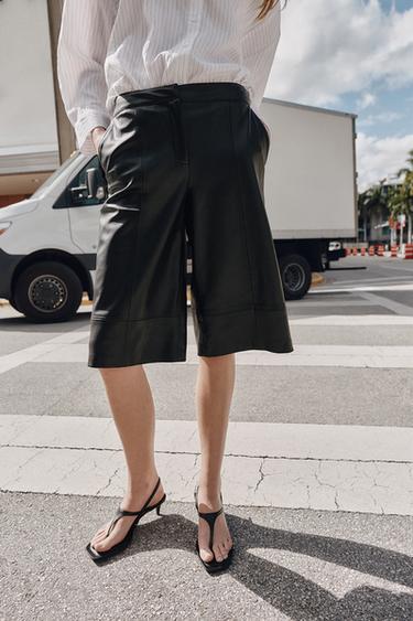 Zara FAUX LEATHER LONG SHORTS - Black