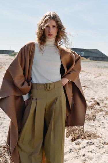 Zara FRINGED WOOL LONG CAPE - Mid-camel