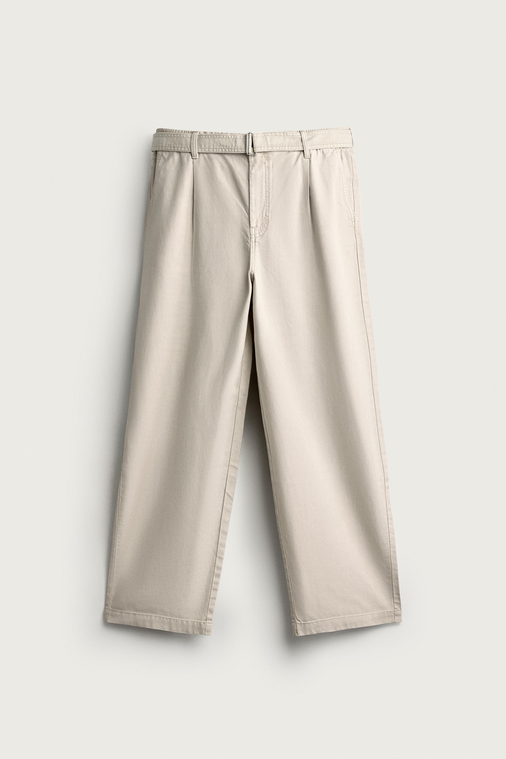 RELAXED FIT PLEATED BELTED PANTS — Light gray