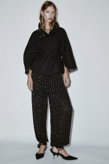 SHORT WOOL COAT WITH CAPE SLEEVES AND BELT - Black by Zara - Image 0