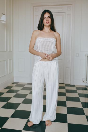 STRIPED LACE TRIM TROUSERS - White by Zara - Image 0