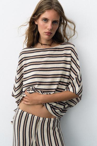 SHORT SLEEVE RUSTIC TOP - Brown Stripes by Zara