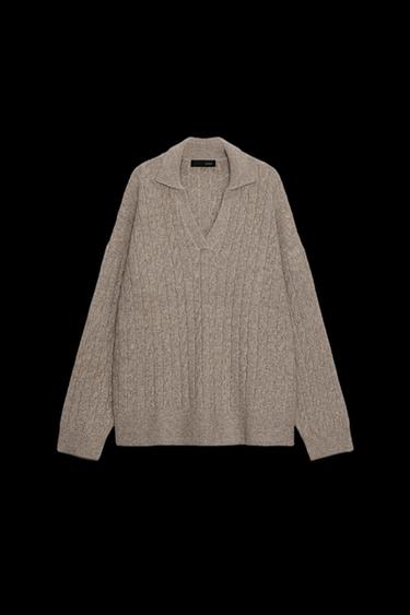 CABLE-KNIT POLO SWEATER - Mink marl by Zara