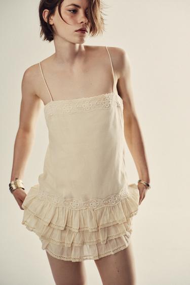 EMBROIDERED RUFFLED MINI DRESS - Light yellow by Zara