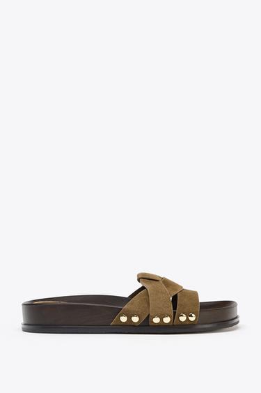 LEATHER SLIDER SANDALS - Khaki Green by Zara