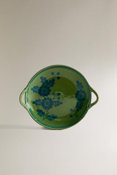 ROUND FLORAL STONEWARE SERVING DISH - Blue / Green by Zara