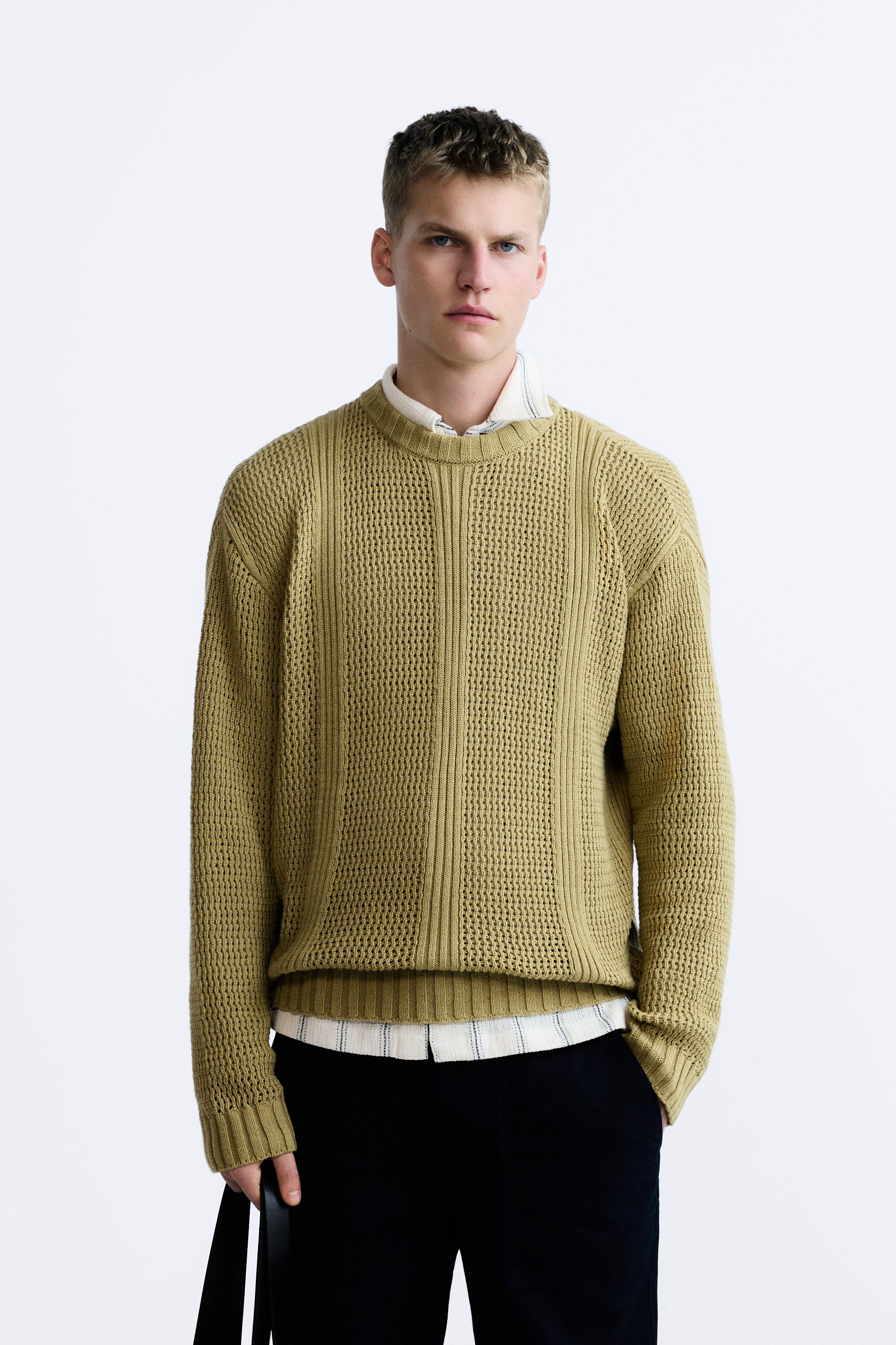 TEXTURED OPEN KNIT SWEATER Olive Green ZARA UAE Dubai