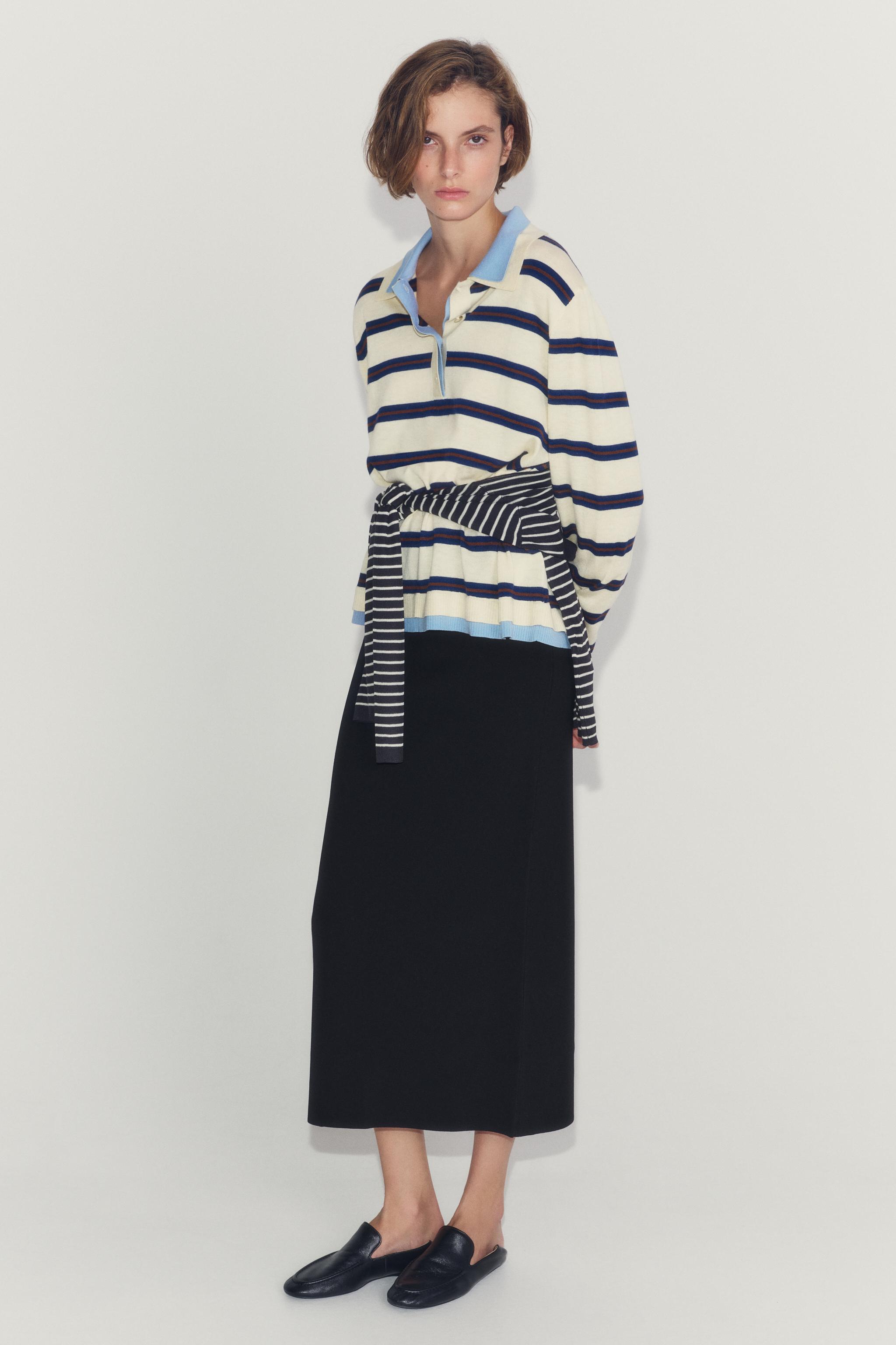 STRIPED COLORBLOCK KNIT POLO — Ecru / Blue