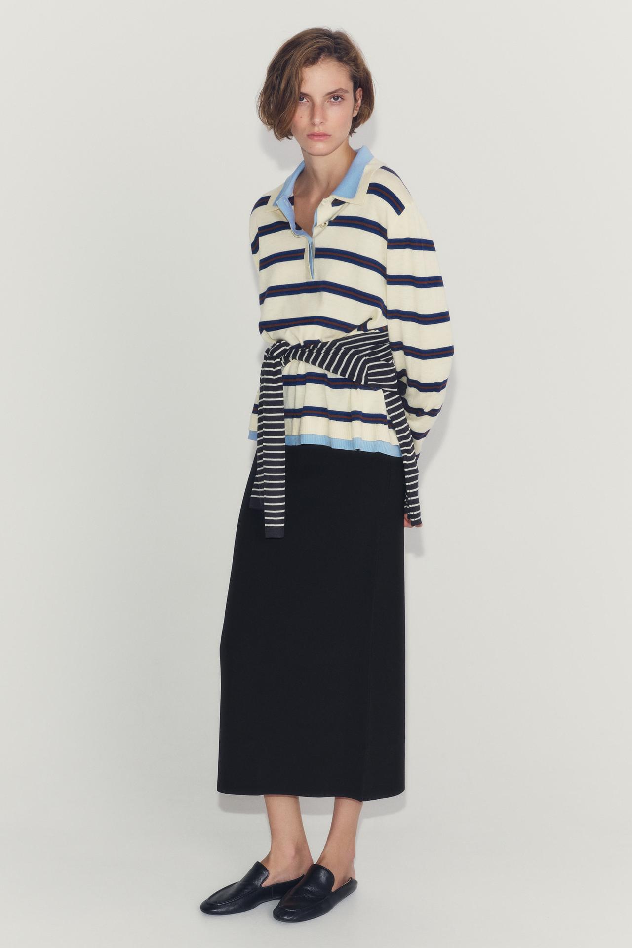 STRIPED COLORBLOCK KNIT POLO — Ecru / Blue