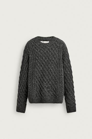 Zara 100% WOOL CABLE KNIT JUMPER - Dark gray marl