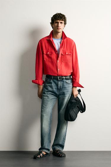 100% LINEN REGULAR FIT OVERSHIRT - Red by Zara - Image 0