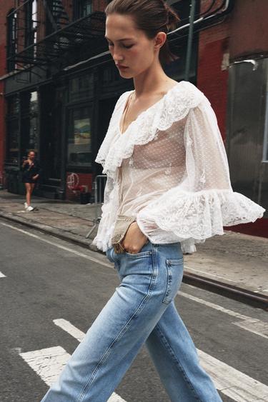 SEMI-SHEER ROMANTIC BLOUSE - Oyster-white by Zara - Image 4