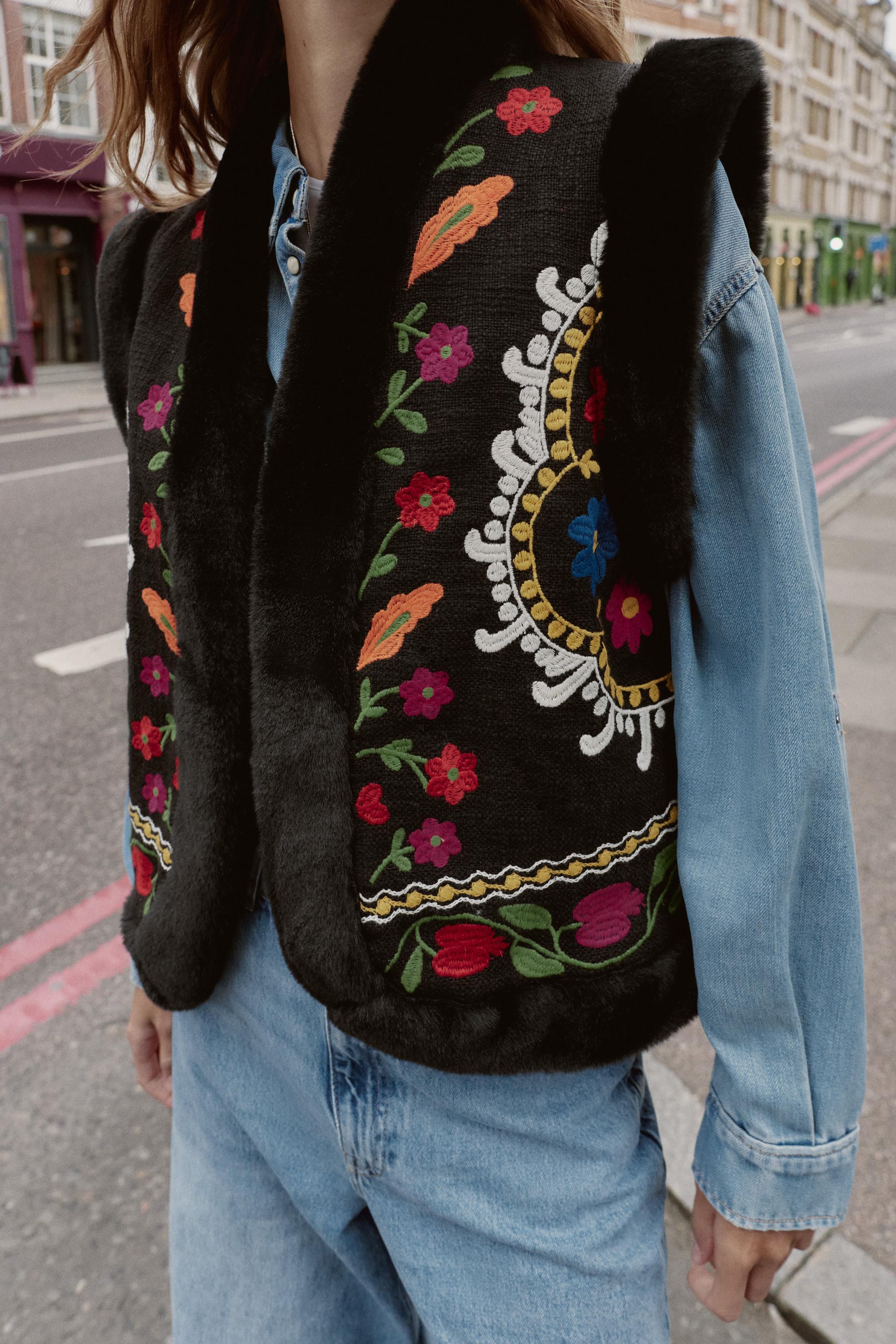 CONTRASTING EMBROIDERED FAUX FUR VEST