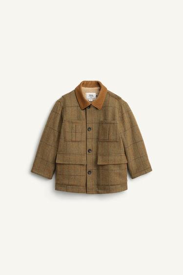 LIMITED EDITION 울 시어링 체크 코트 - Zara 올리브