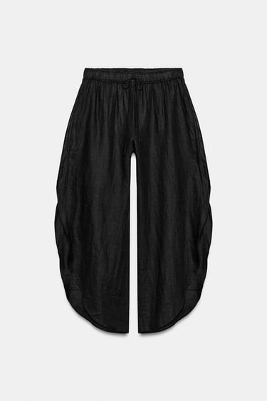 Zara ZW COLLECTION VENTED LINEN PANTS - Black