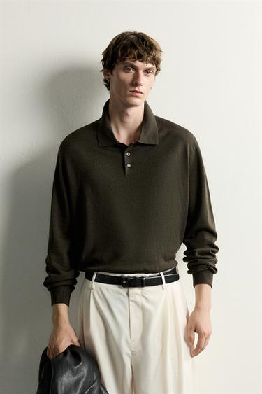 Zara WOOL KNIT POLO SHIRT - Dark khaki