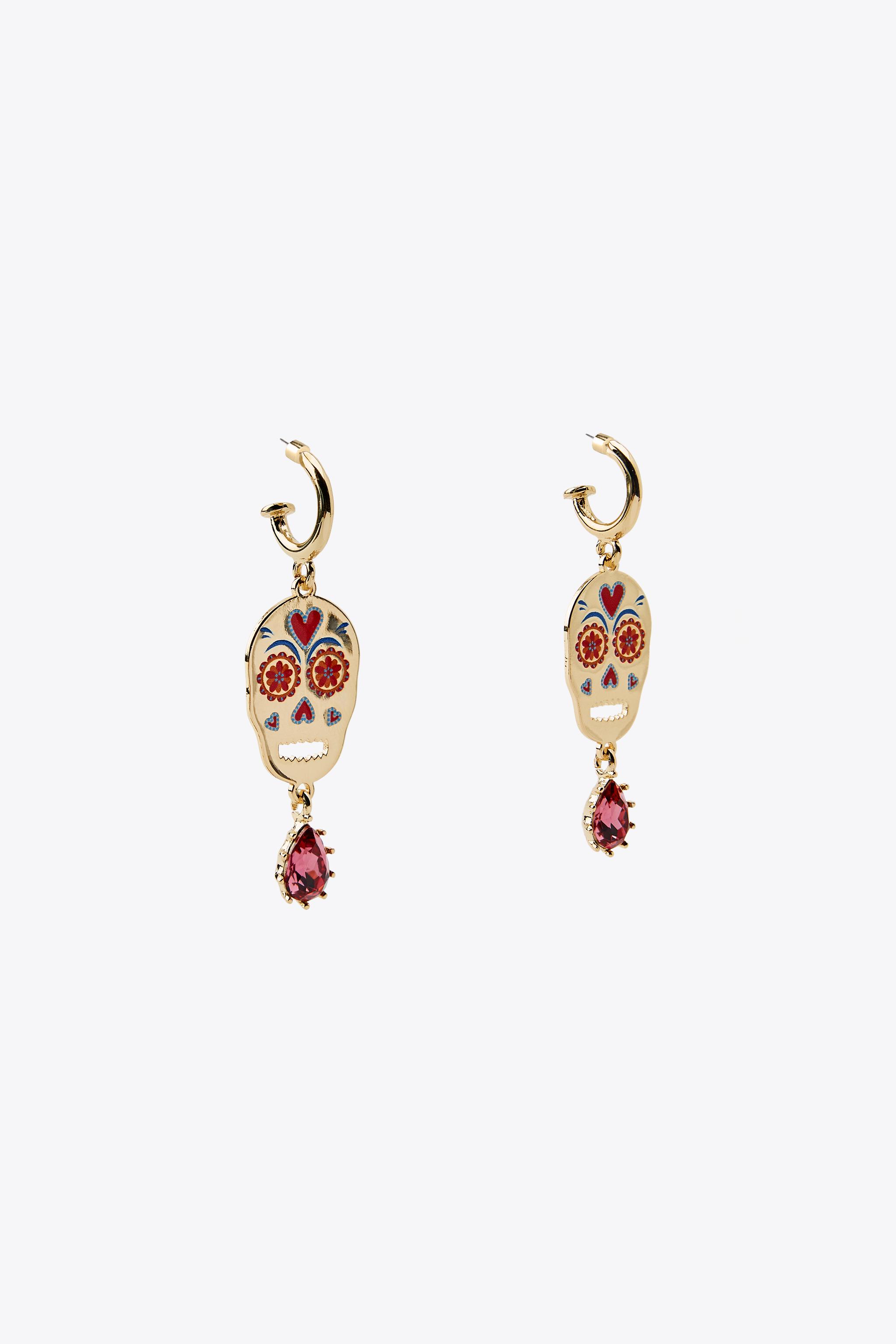 ENAMELED SKULL JEWEL EARRINGS - Golden | ZARA United States