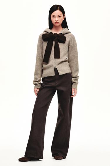 Zara 連帽拼接蝴蝶結針織外套 - 斑紋貂色