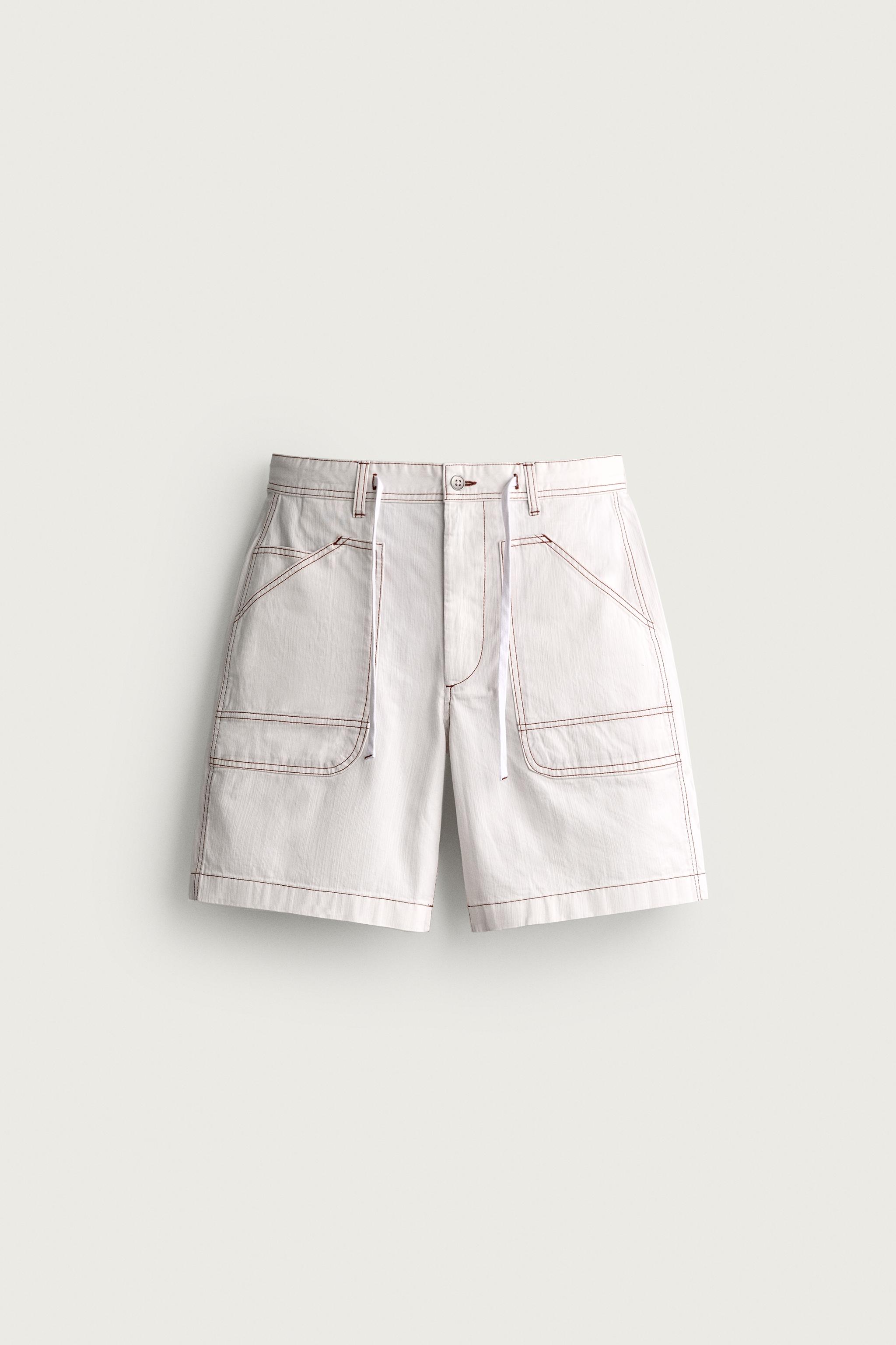 CONTRAST TOPSTITCHING RELAXED FIT BERMUDA SHORTS — Oyster-white