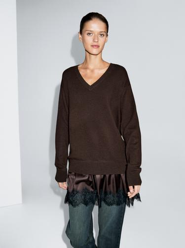 Zara Short knit dress with contrast lace - Chocolate - Image 0