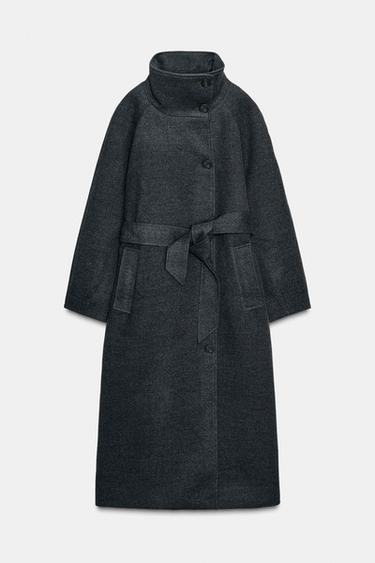 SOFT HIGH-NECK COAT WITH BELT - Grey by Zara