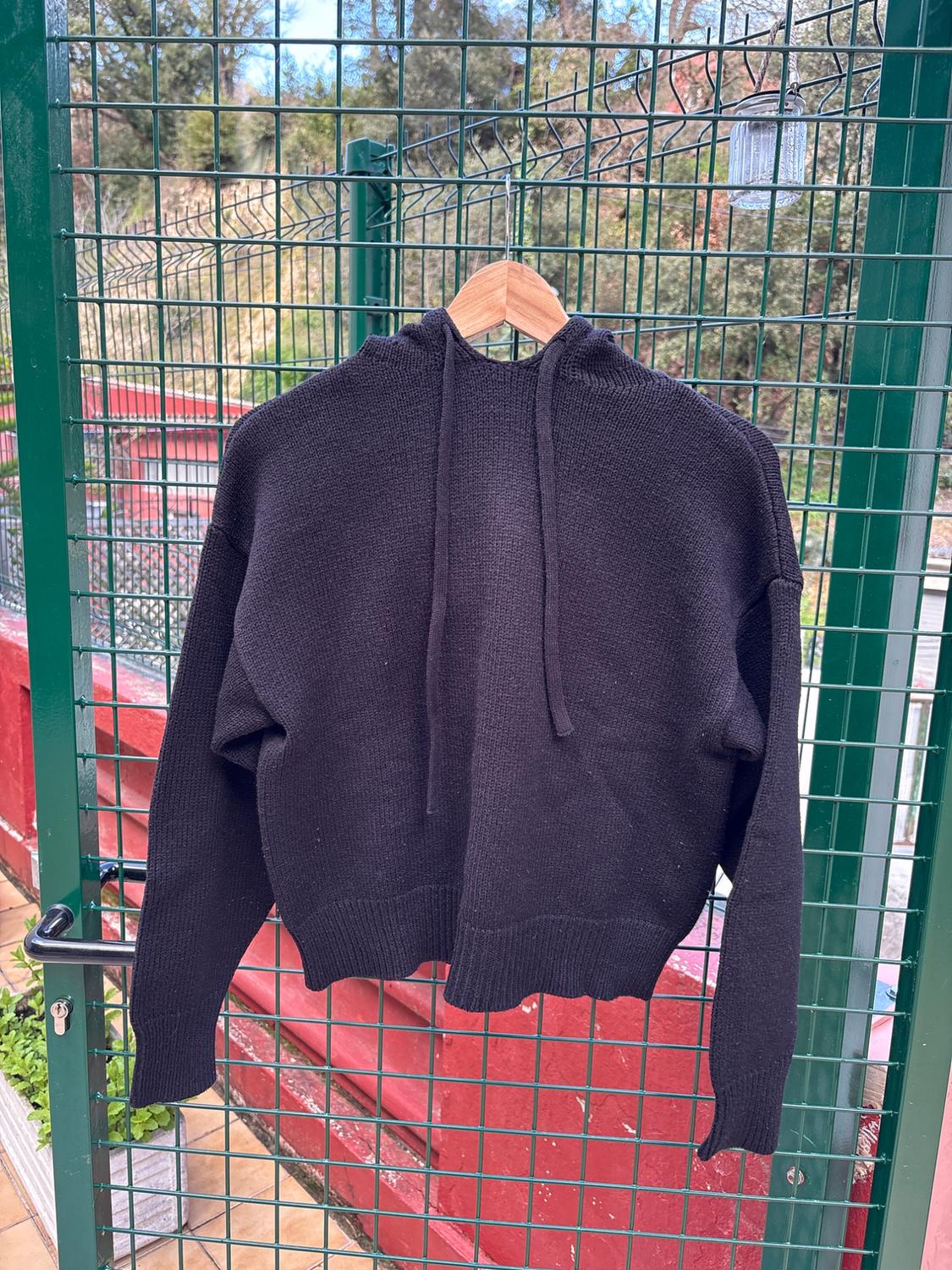 Black hooded jumper hanging on a wooden hanger against green mesh, garden background and red wall.
