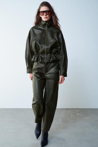 BLOUSON À CORDONS MATIÈRE SYNTHÉTIQUE - Kaki foncé de Zara