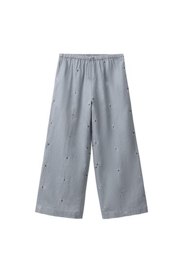COTTON AND LINEN SEQUIN TROUSERS - Grey / Blue by Zara