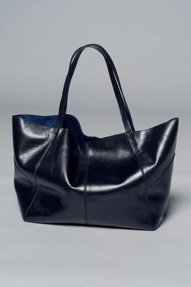 LEATHER MAXI TOTE BAG - Navy Blue by Zara