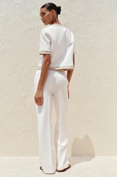 PANTALON DROIT TAILLE COMBINÉE - Blanc cassé de Zara - Image 3