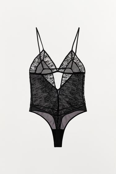 BODY EN DENTELLE PLISSÉ BRODERIES FLEURS - Noir de Zara - Image 4