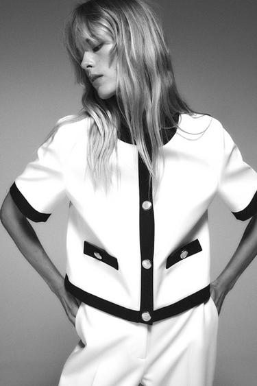Zara CONTRAST KNIT BLAZER - Ecru