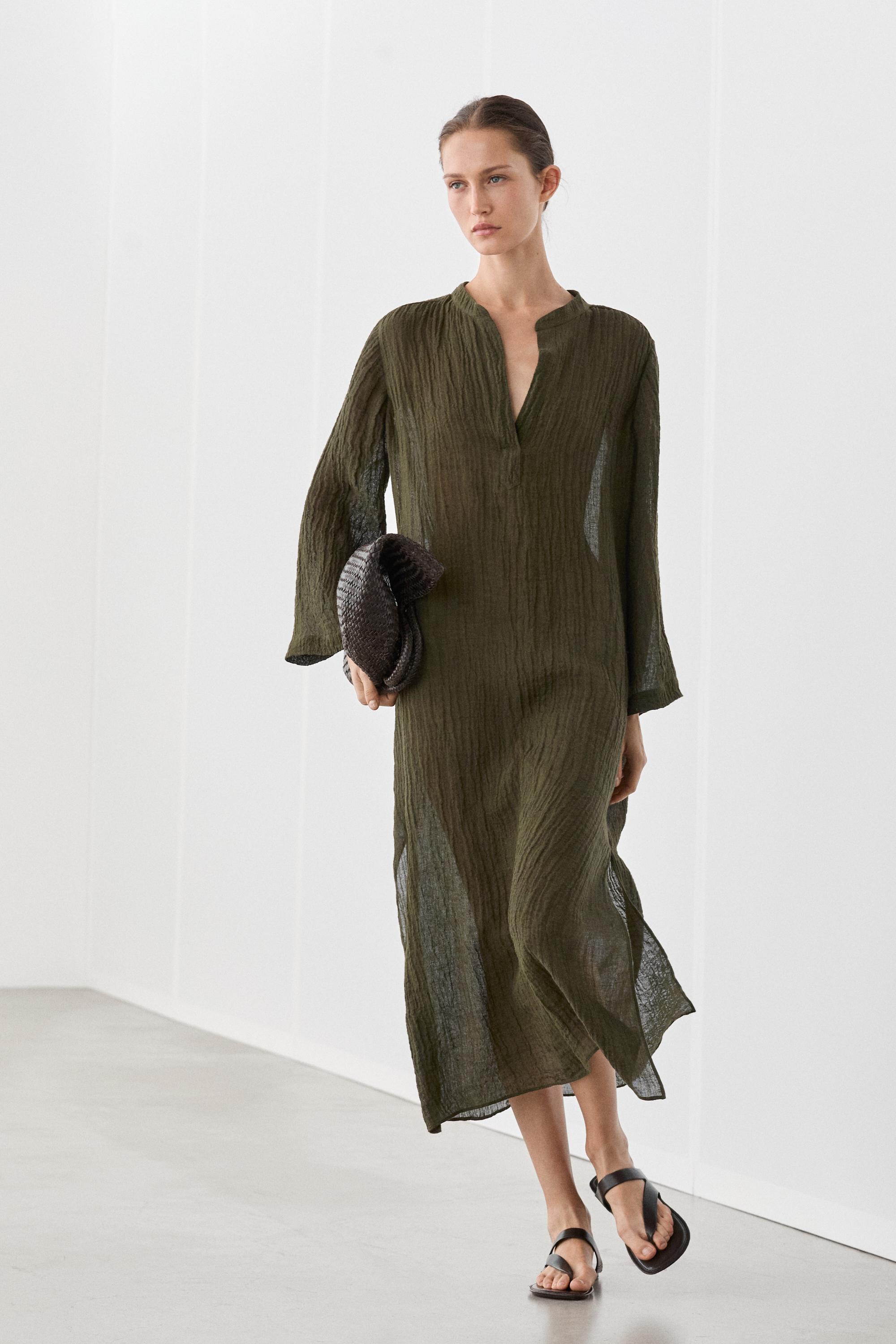 Linen blend waffle-knit shirt dress — Green