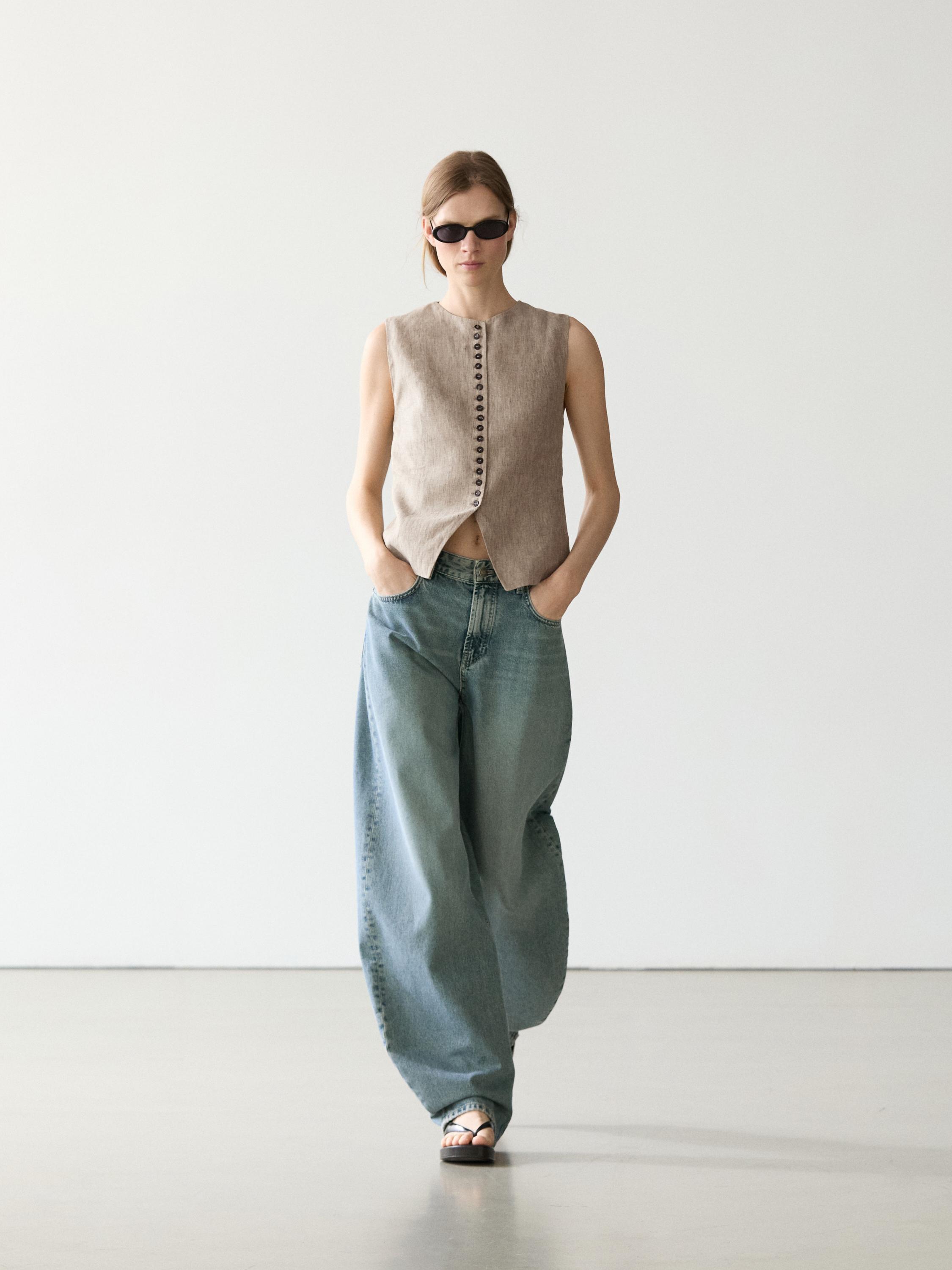 Veste sans manches mélangée détails boutons lin