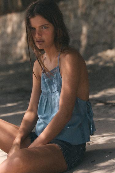 TOP À BRETELLES BRODÉES - Bleu de Zara - Image 2