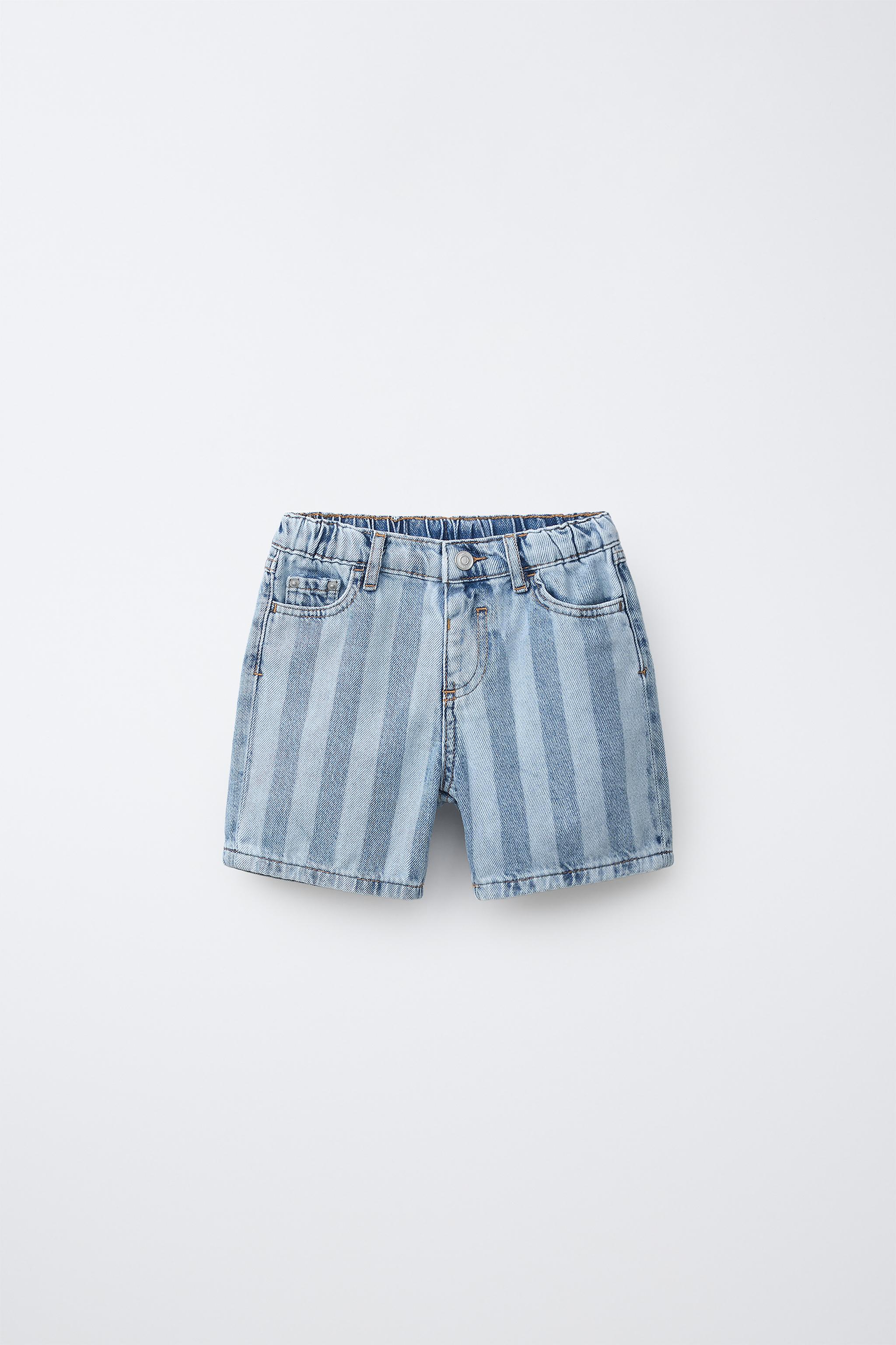 STRIPED DENIM SHORTS — Indigo