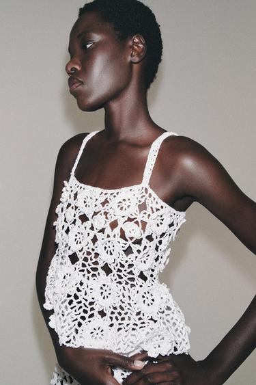 Zara FLORAL CROCHET KNIT TOP - White