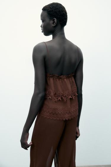PANTALON FLUIDE DENTELLE - Marron de Zara - Image 3