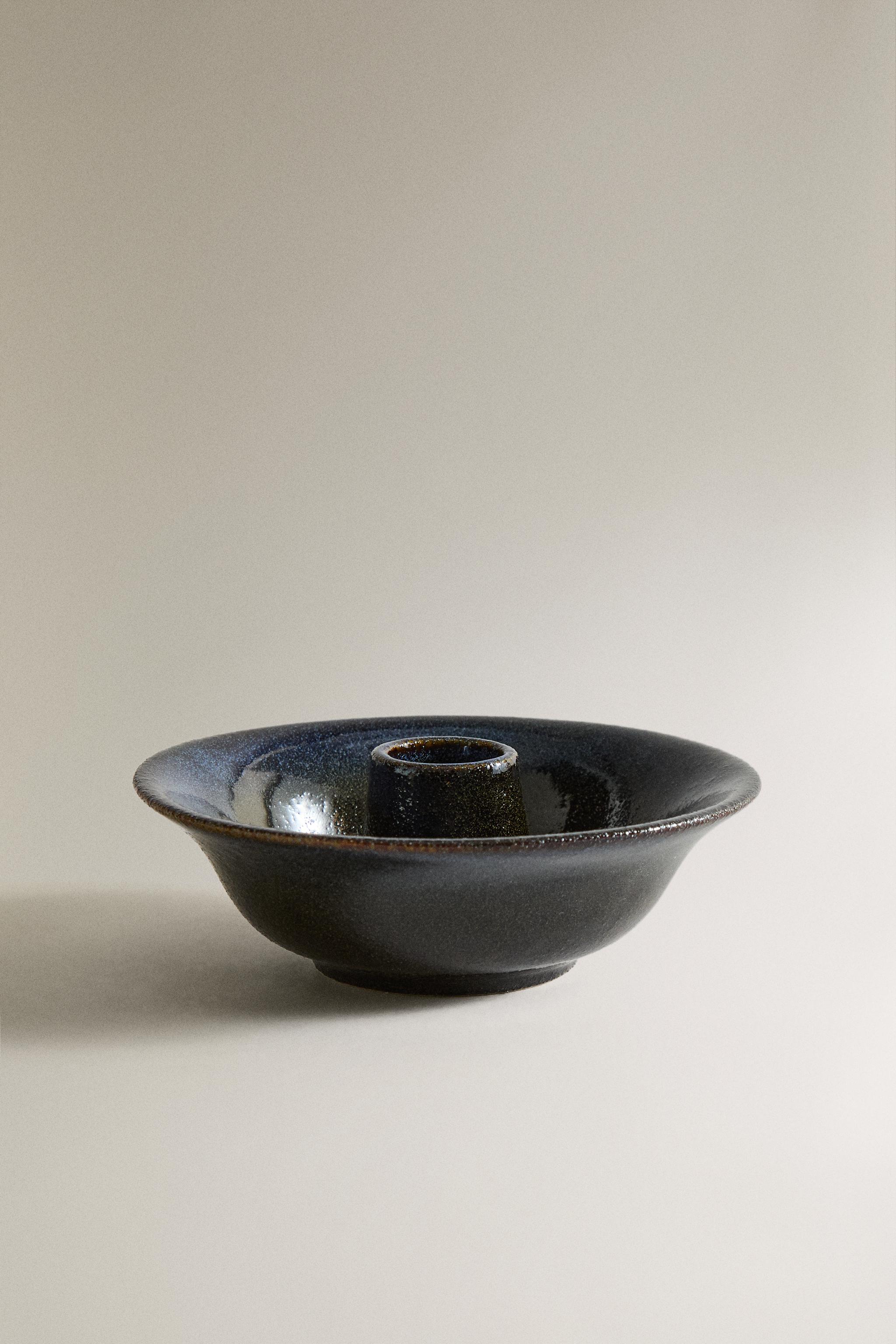 IRON AND STONEWARE CANDLEHOLDER — Blue