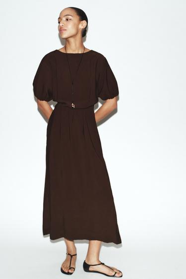 Zara FLOWY PLEATED MIDI DRESS - Chocolate
