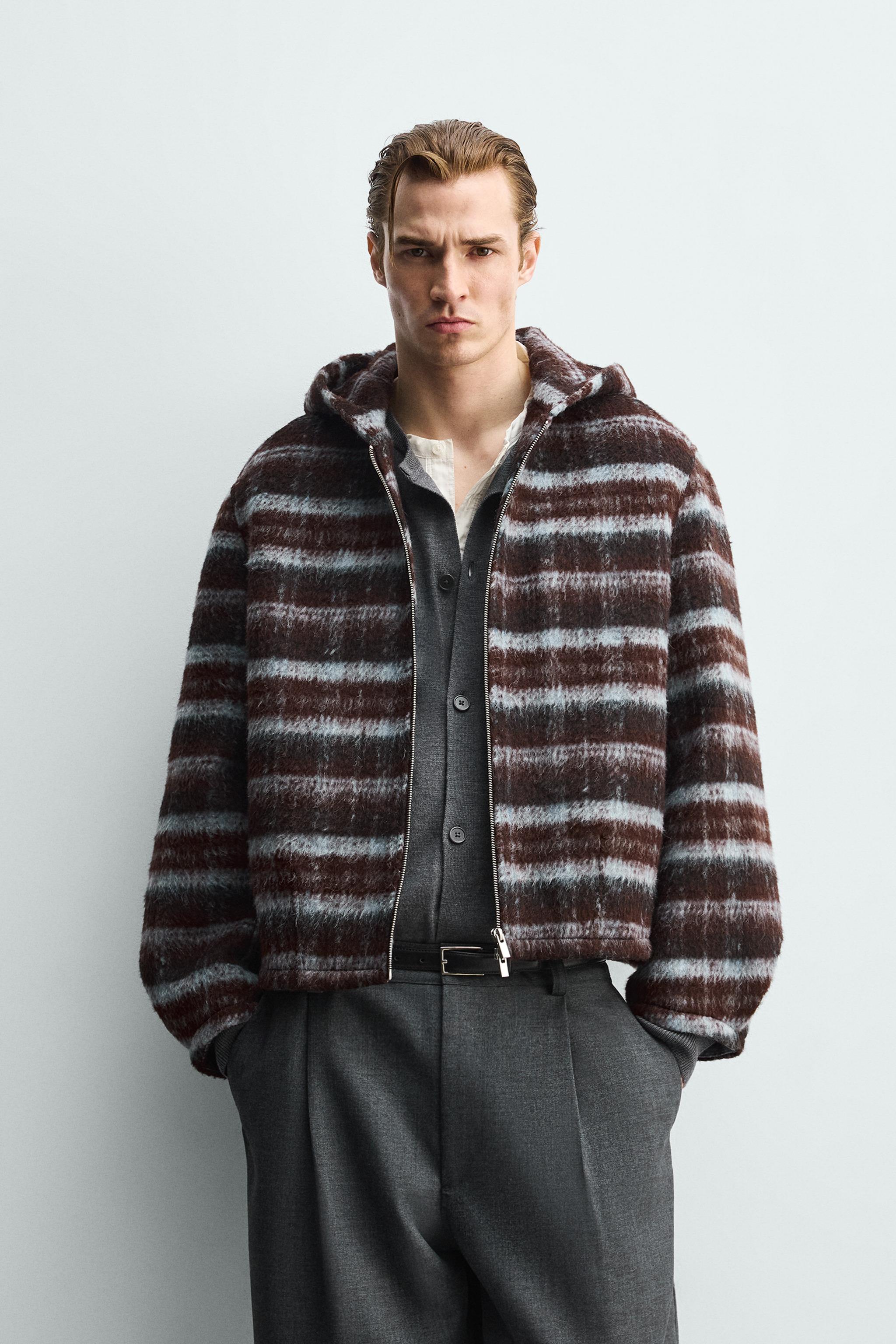 PLAID BOXY FIT JACKET WITH HOODIE - Brown-Blue | ZARA United States