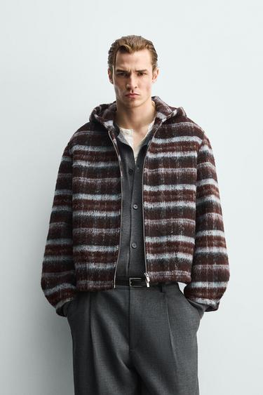 BOXY FIT CHECKED HOODIE JACKET - Brown-Blue by Zara