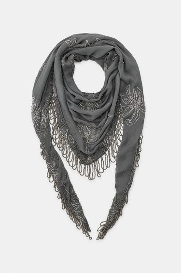 TRIANGULAR SCARF WITH BEADED EMBROIDERY - Grey by Zara - Image 4