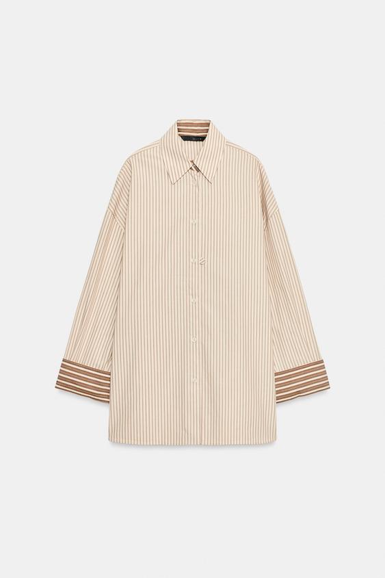 CAMISA OVERSIZE PUÑOS CONTRASTE - Beige / Tostado de Zara - Imagen 0