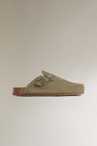 LEATHER CLOGS WITH BUCKLES - Green by Zara