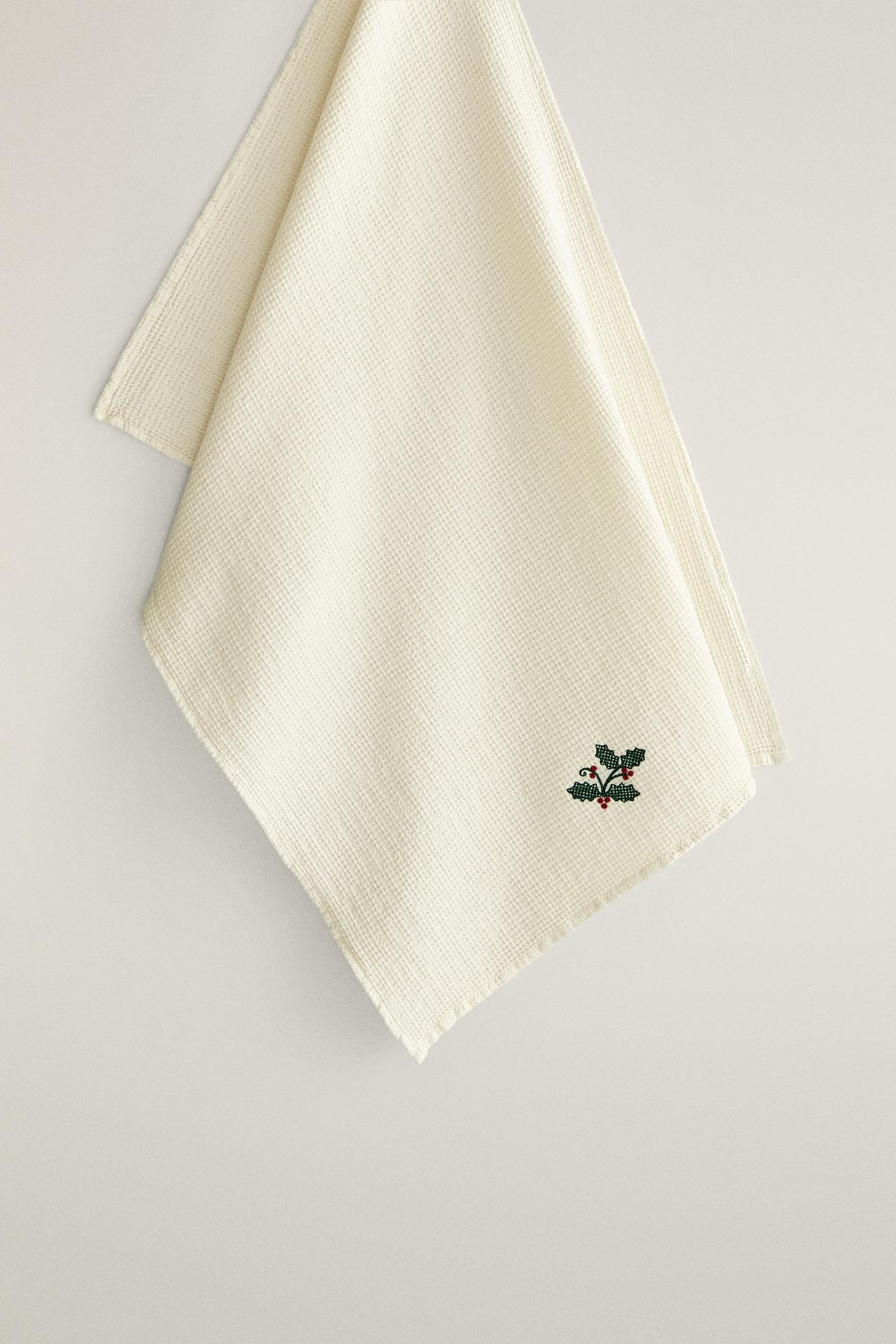 WAFFLE TEA TOWEL WITH CHRISTMAS EMBROIDERY