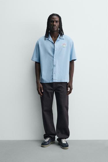 텐셀-코튼 릴렉스핏 프린트 셔츠 - Zara 라이트 블루